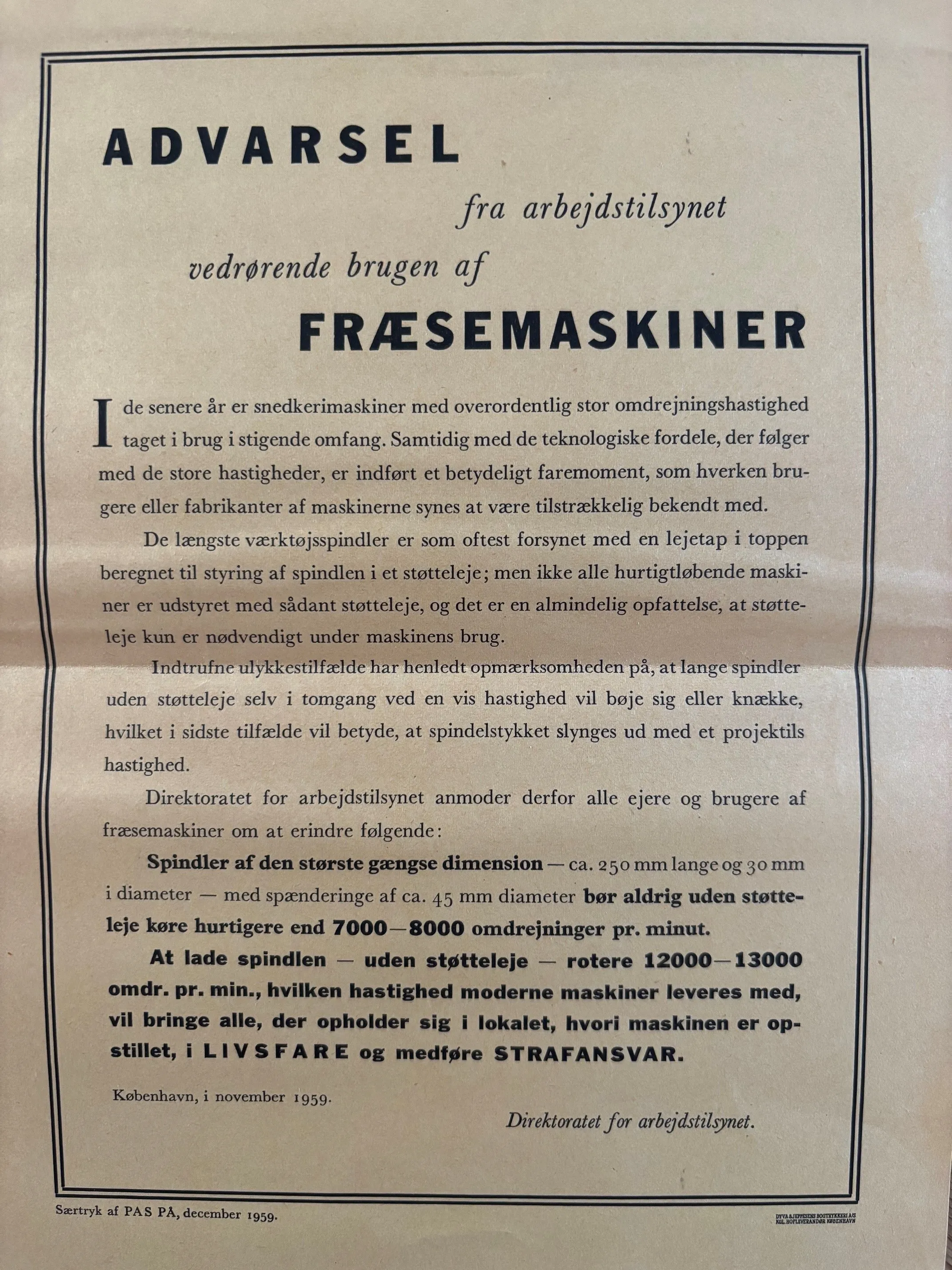 Arbejdstilsynets advarsel fra 1959 om brugen af fræsemaskiner